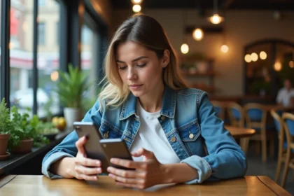 Jeune femme compare deux smartphones dans un café urbain
