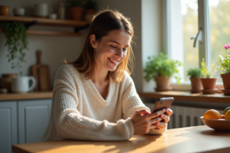 Jeune femme souriante envoyant un message dans une cuisine chaleureuse