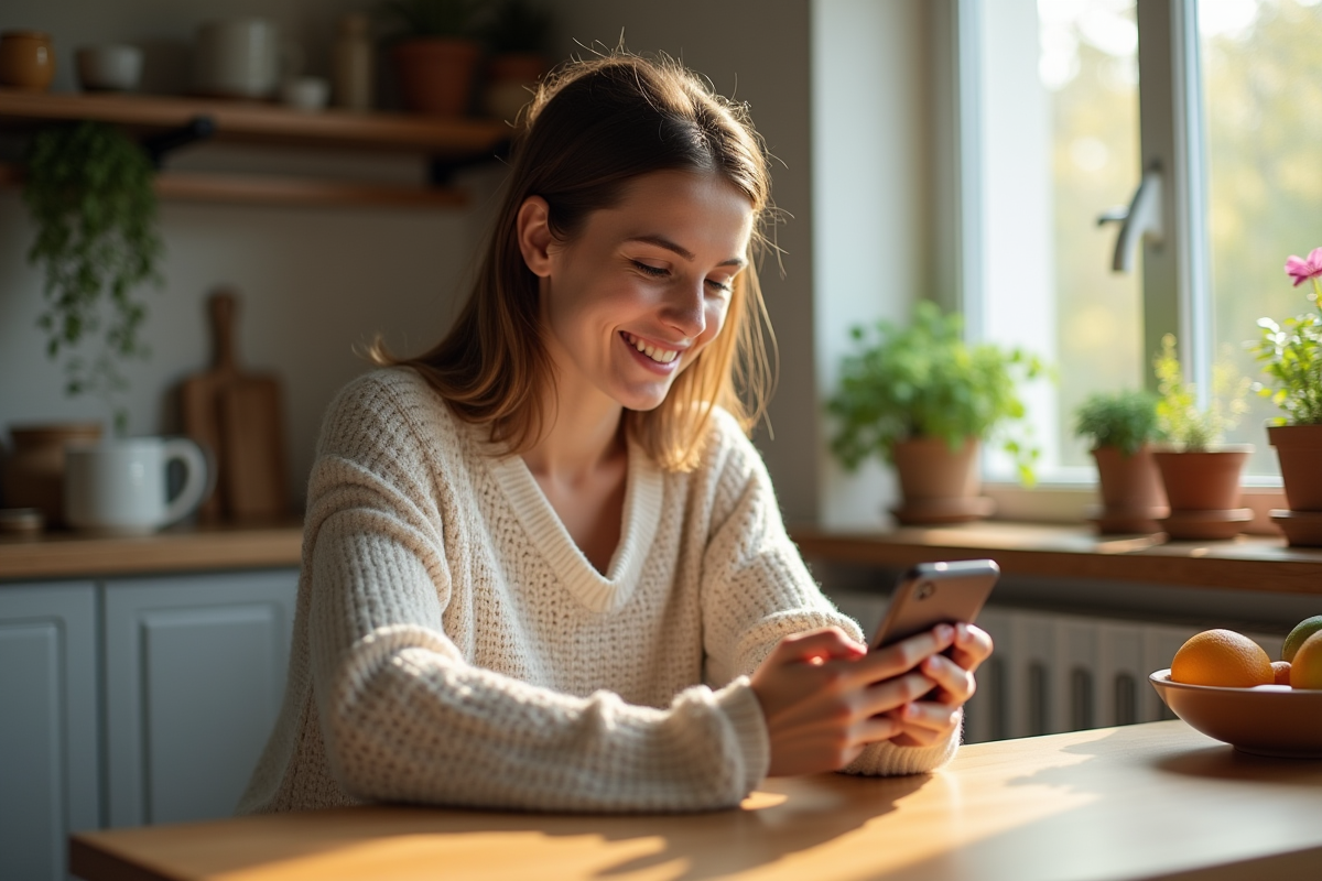 Jeune femme souriante envoyant un message dans une cuisine chaleureuse