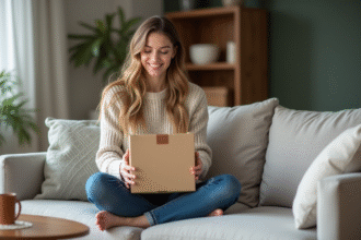 Jeune femme ouvre une box d'abonnement dans son salon