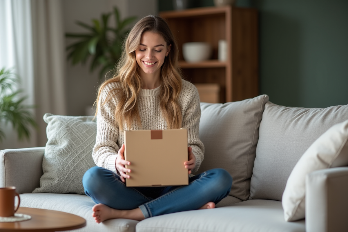 Jeune femme ouvre une box d'abonnement dans son salon