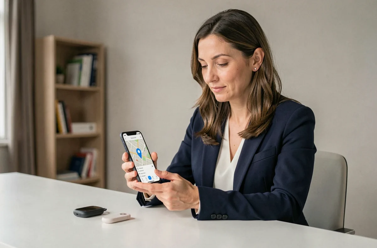 Femme en bureau consultant une application de suivi GPS sur smartphone avec un AirTag et un traceur GPS posés devant elle