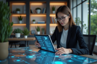 Femme en blazer interactant avec une tablette d'IA dans un bureau moderne