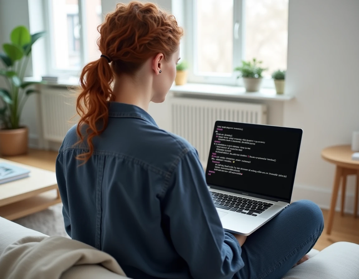 Femme consultant un terminal macOS avec les commandes pushd et popd sur un canapé minimaliste