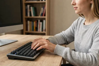 Une femme appuyant sur la touche Shift d'un clavier mécanique dans un bureau à domicile