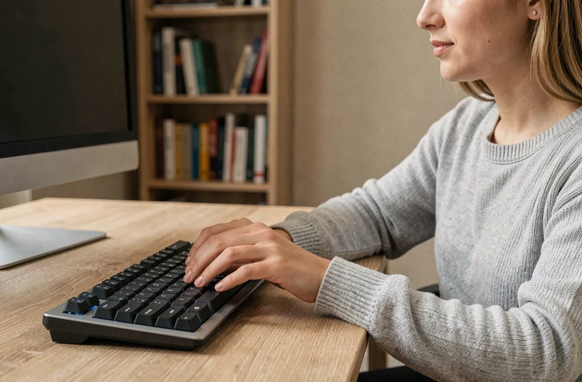 Une femme appuyant sur la touche Shift d'un clavier mécanique dans un bureau à domicile