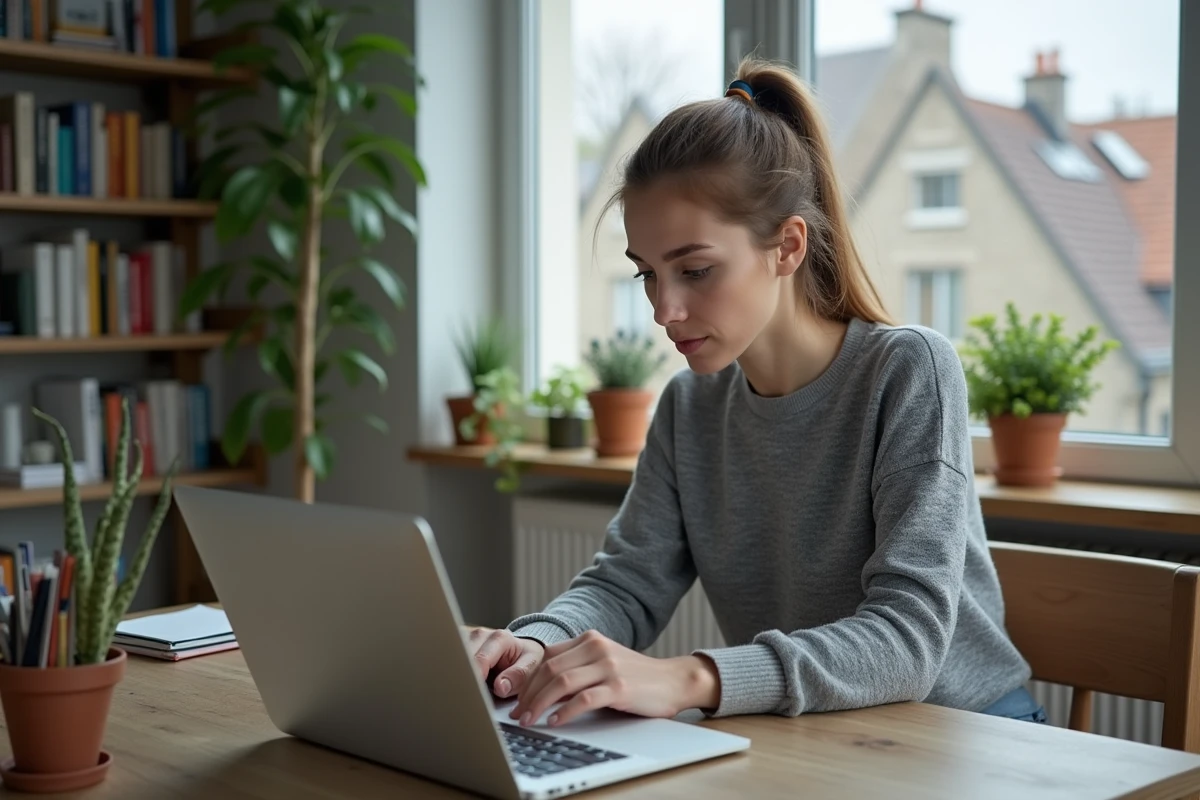 Jeune femme concentrée travaillant sur un ordinateur dans un bureau moderne