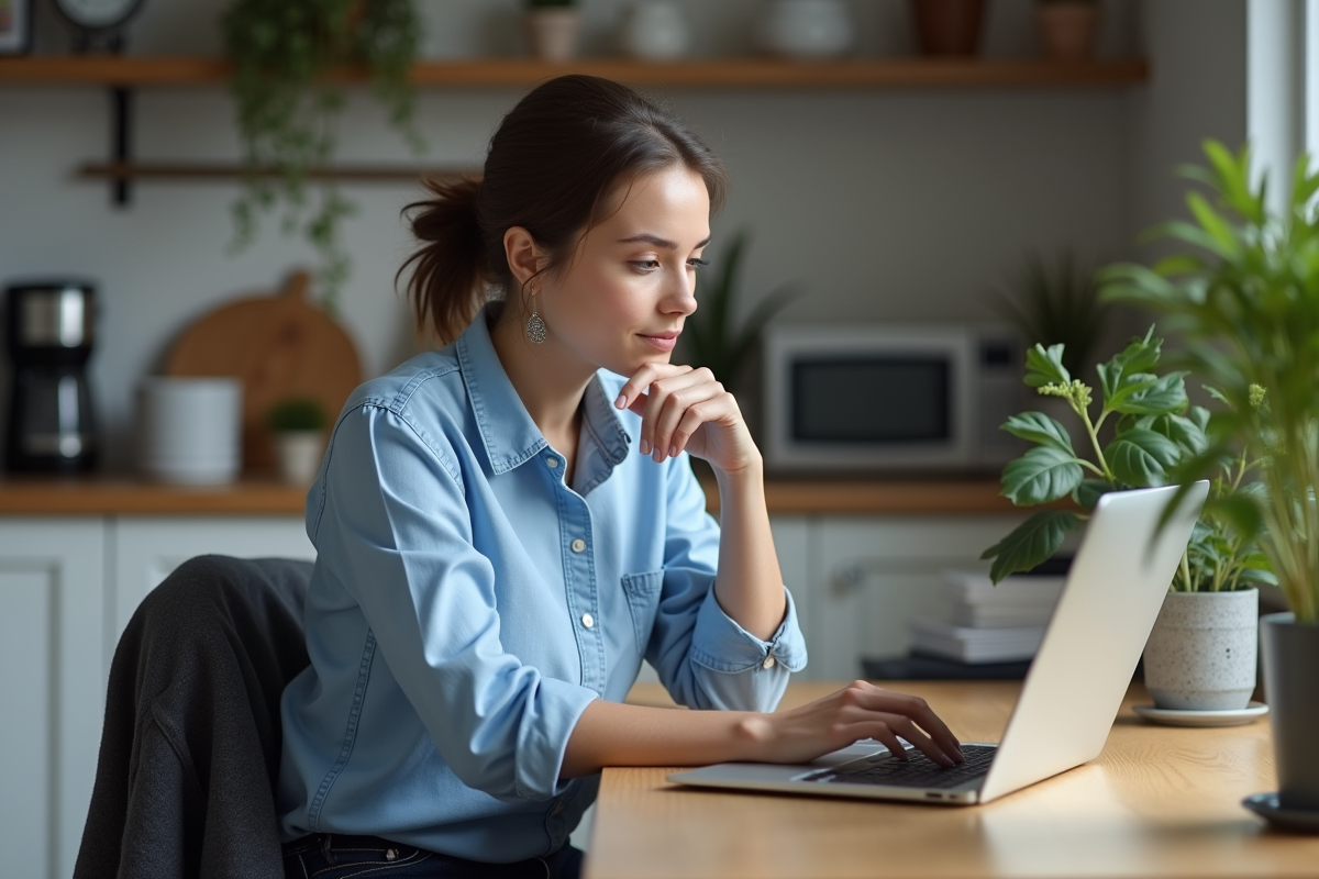 Femme travaillant sur son ordinateur dans une cuisine moderne