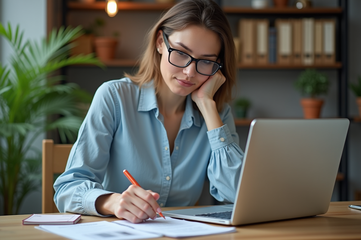 Femme concentrée lisant un PDF sur son ordinateur dans un bureau cosy