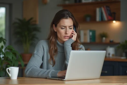 Femme concentrée travaillant sur son ordinateur dans la cuisine