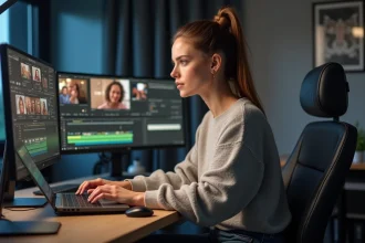 Femme en train de taper sur un ordinateur dans un studio moderne