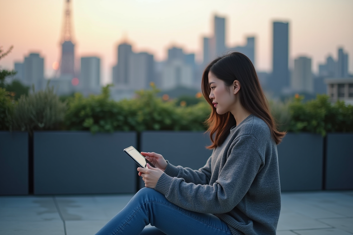 Jeune femme utilisant une tablette avec un nœud edge en ville