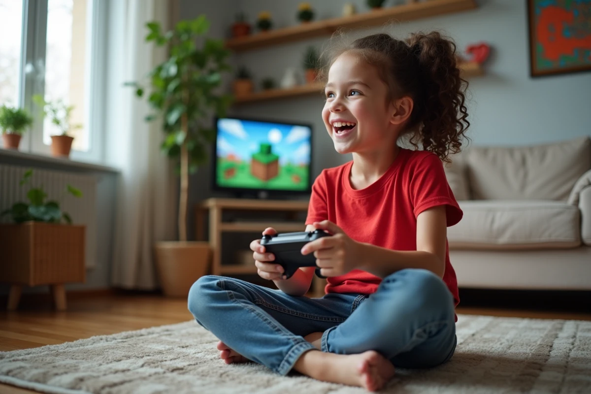 Fille de 11 ans joue à Minecraft avec mod Pokémon dans le salon