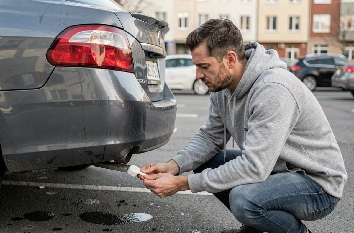 Homme fixant un AirTag sous le pare-chocs d'une voiture dans un parking urbain pour le suivi GPS