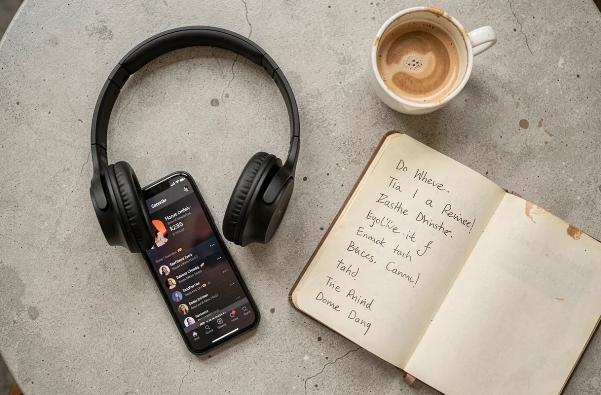 Vue de dessus d'un bureau avec casque audio, smartphone et notes manuscrites illustrant l'utilisation d'un convertisseur YouTube MP3 gratuit