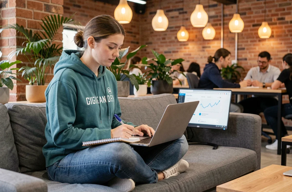 Consultante de Gaya travaillant sur un prototype digital dans un espace de coworking
