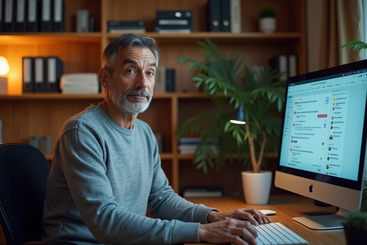 Homme d'âge mûr gérant une boîte de réception numérique structurée depuis son bureau à domicile dans le cadre du protocole PIX