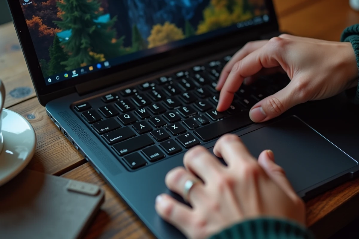 Gros plan sur un clavier AZERTY d'ordinateur portable avec une main appuyant sur la combinaison de touches pour insérer un arobase dans un café