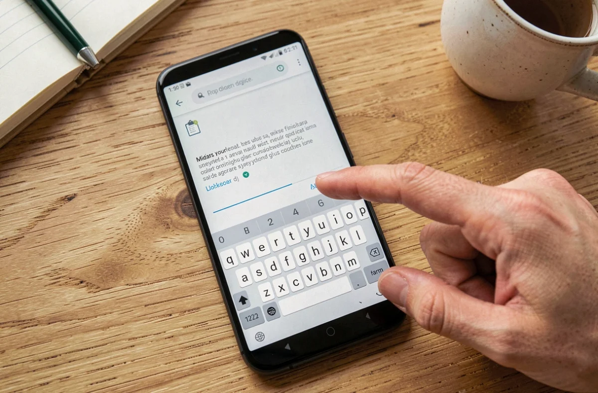 Gros plan sur un smartphone Android posé sur un bureau montrant le clavier et l'icône du presse-papier