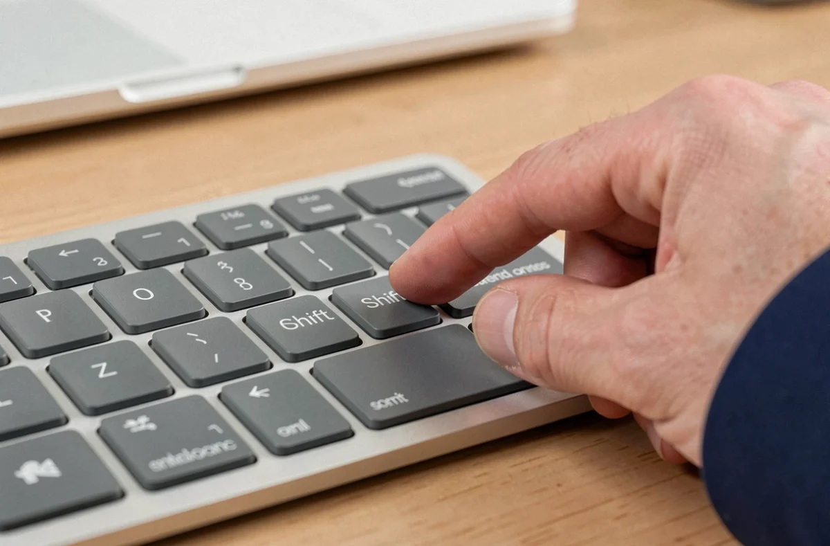 Gros plan sur la touche Shift d'un clavier avec un doigt posé dessus
