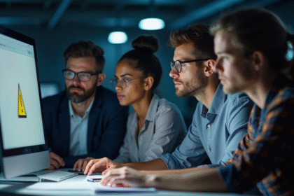 Groupe de collègues inquiets devant un ordinateur avec avertissement