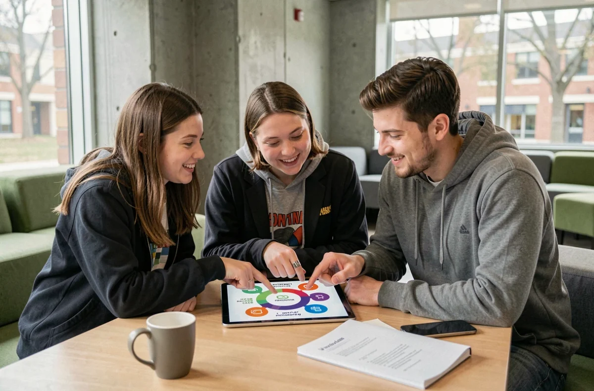 Groupe d'étudiants discutant de la différence entre internet et le web autour d'une tablette sur un campus