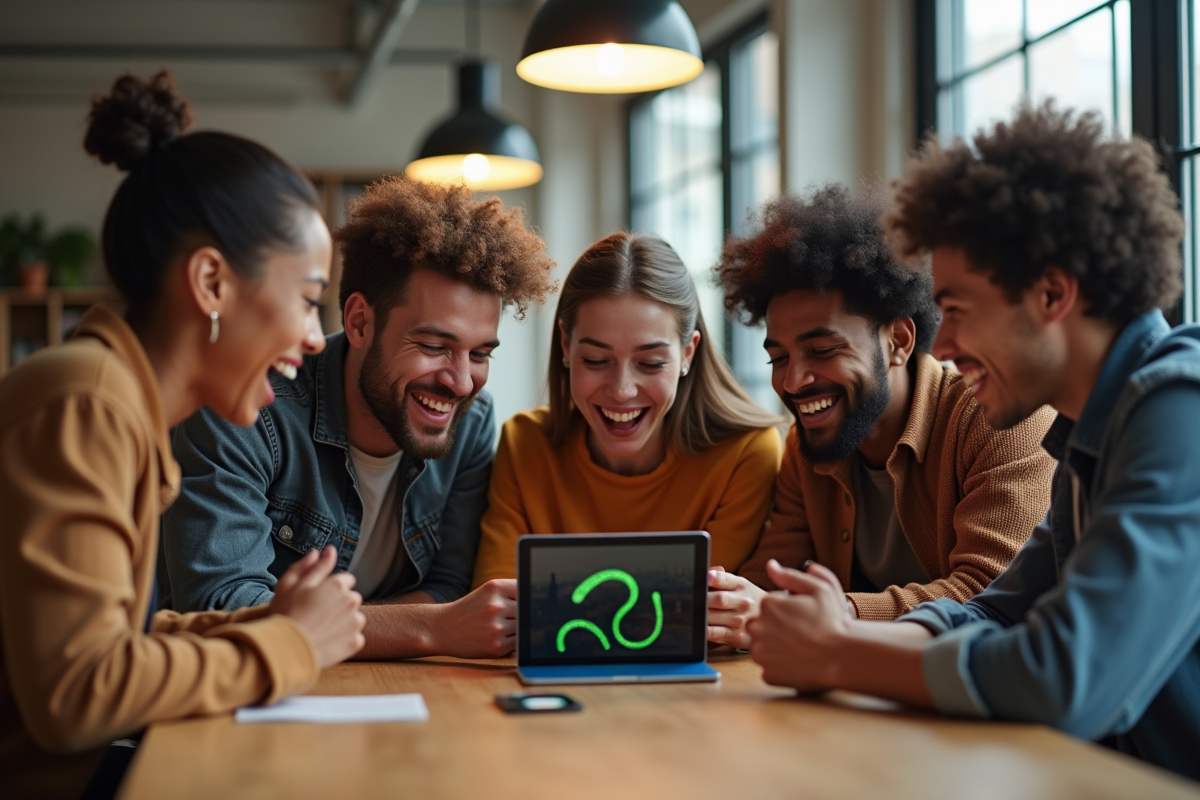Groupe de jeunes jouant à Snake sur une tablette dans un loft lumineux