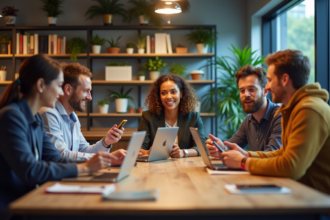 Groupe de professionnels en coworking partageant des idées