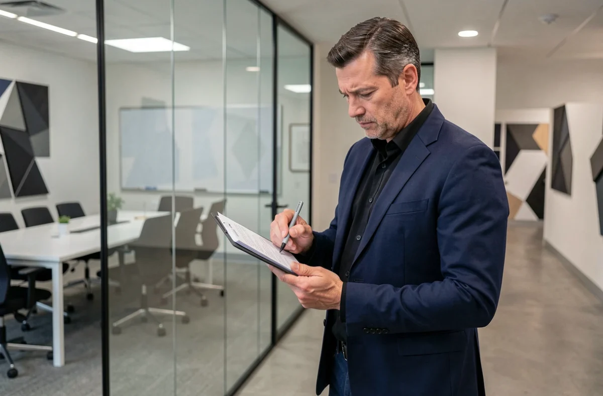Homme d'affaires annotant un document sur Samsung Galaxy S24 dans un couloir de bureau moderne
