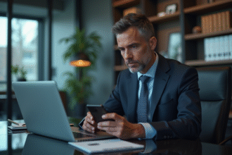 Homme d'affaires concentré analysant des données de cybersécurité