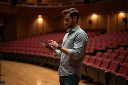Homme ajustant les réglages audio dans une salle de concert vide