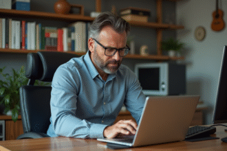 Homme d'âge moyen sauvegardant des données sur un disque dur