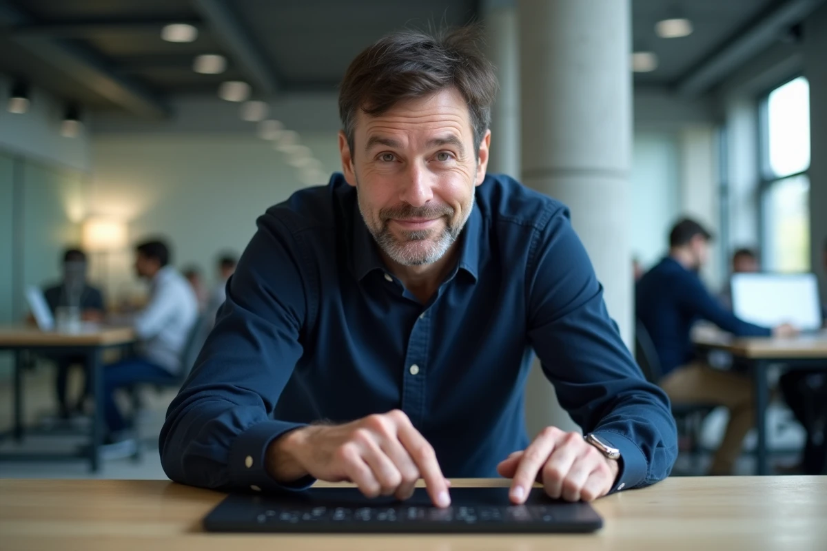 Homme en bureau montrant la combinaison de touches AltGr sur un clavier AZERTY pour écrire le signe arobase
