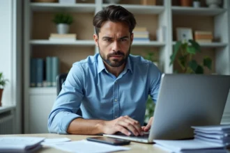 Homme en bureau moderne travaillant sur son ordinateur