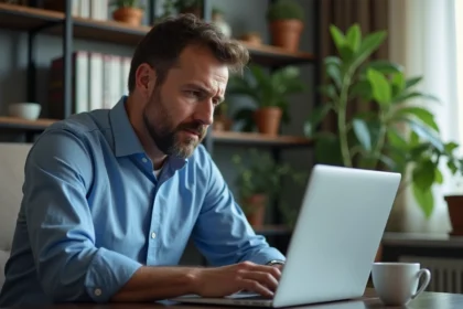 Homme d'âge moyen travaillant sur un ordinateur à la maison