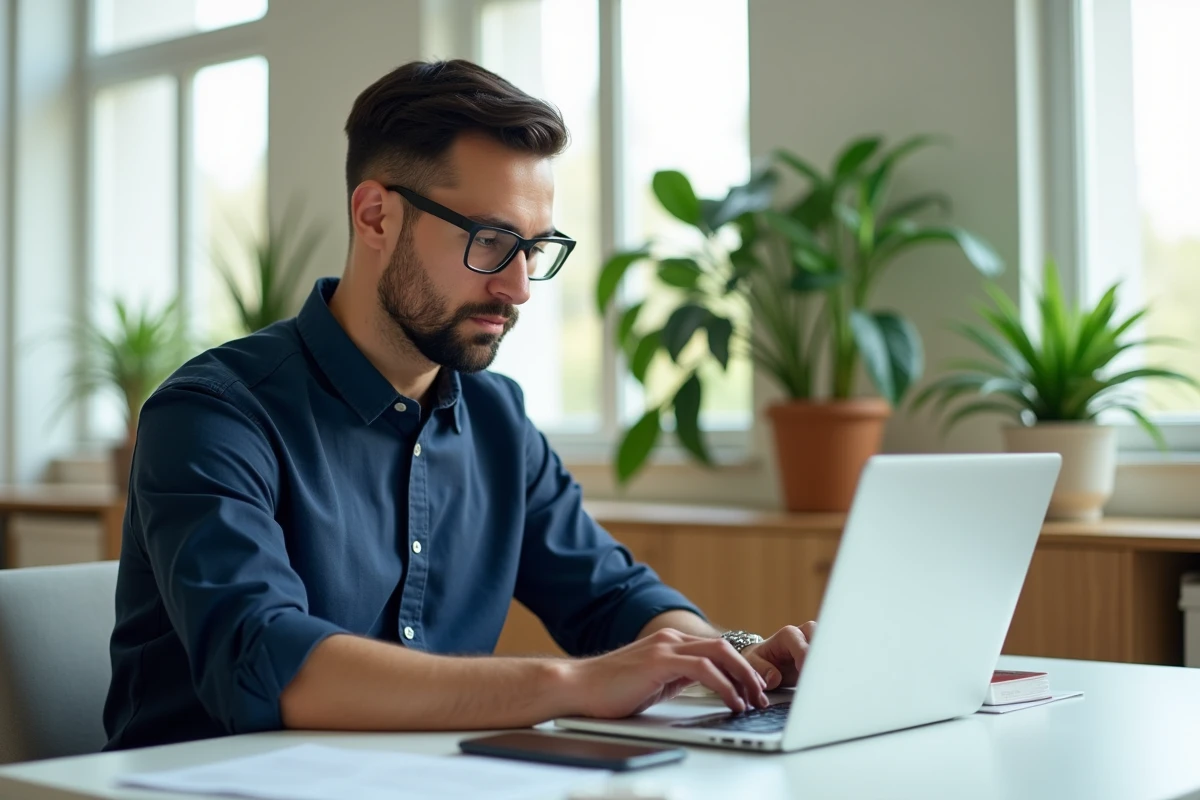 Homme en bureau moderne travaillant sur un ordinateur orange