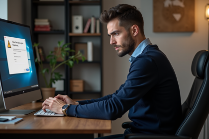 Homme d'affaires regardant un écran d'ordinateur avec alerte