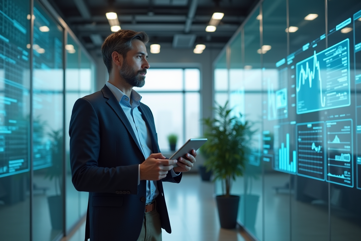 Homme en blazer regardant des écrans dans un bureau moderne