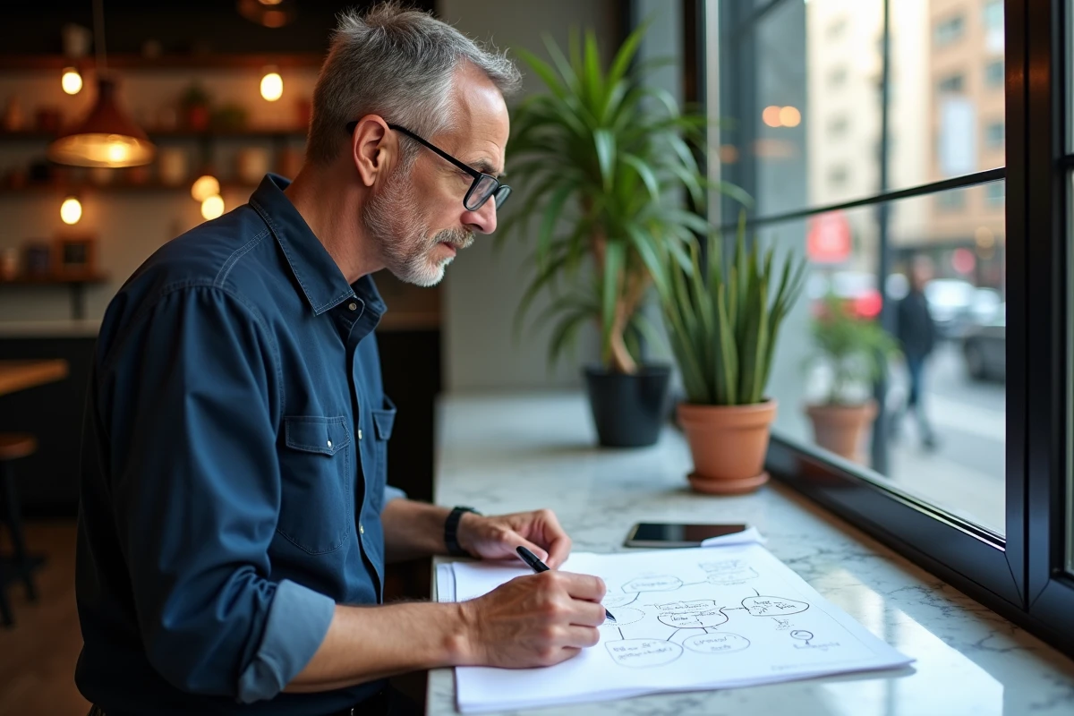 Homme en café faisant des cartes mentales avec vue urbaine en arrière-plan