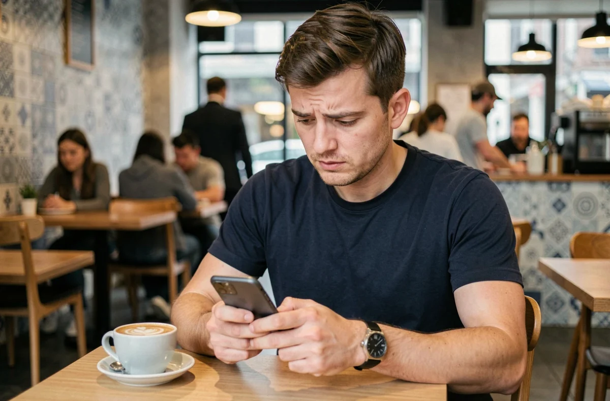Homme dans un café cherchant l'icône du presse-papier sur son téléphone Android