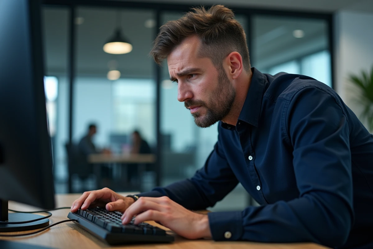 Homme en bureau open space tapant sur un clavier avec une disposition de touches mélangée AZERTY et QWERTY