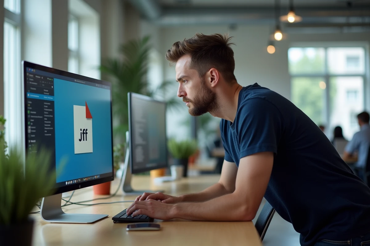 Homme faisant un clic droit sur un fichier .jfif sur un ordinateur de bureau dans un espace de travail moderne