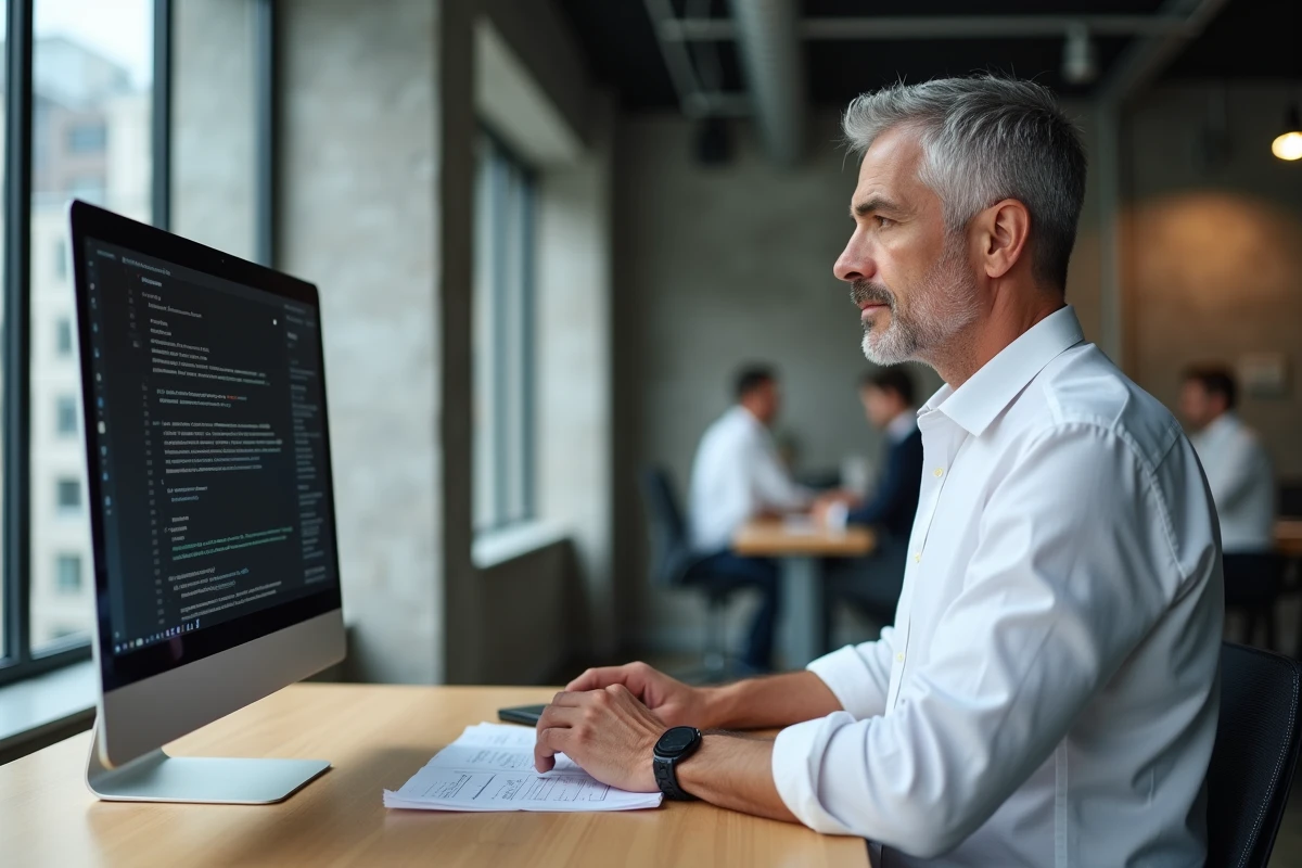 Homme configurant les paramètres de messagerie sur un écran d'ordinateur dans un bureau moderne pour résoudre une panne webmail