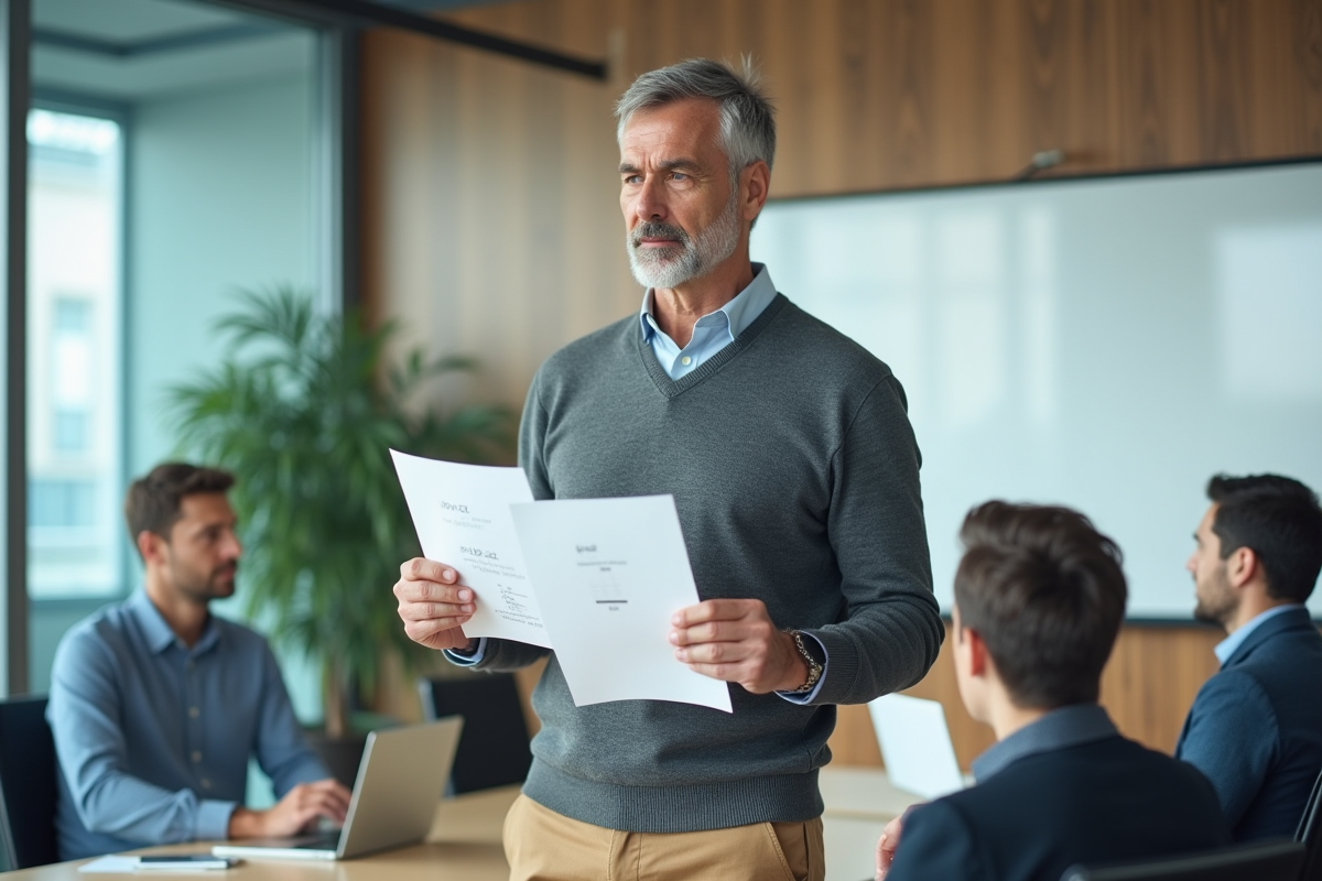 Homme compare deux documents imprimés dans une salle de réunion