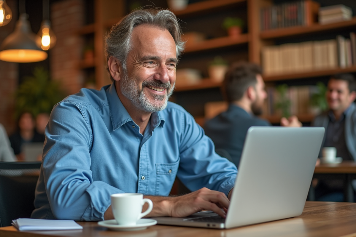 Homme travaillant sur des stratégies SEO dans un café coworking