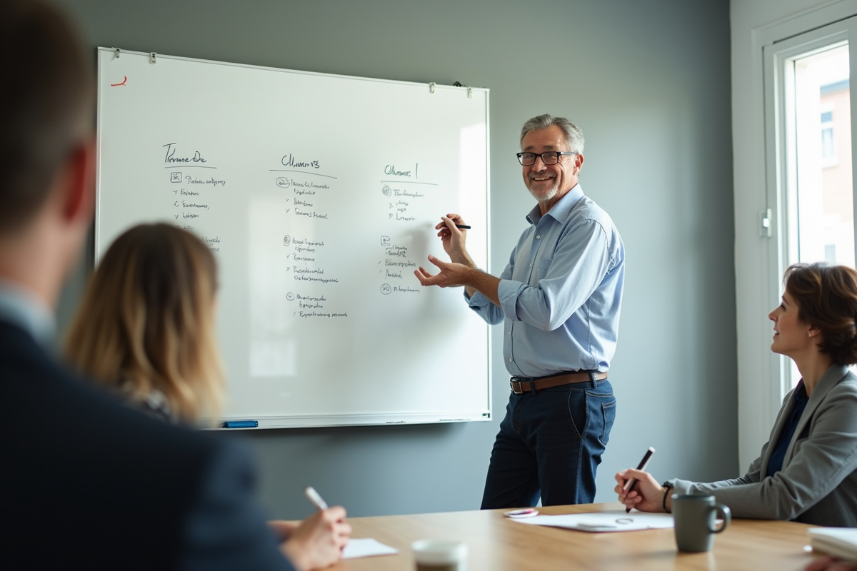 Homme expliquant un diagramme avec un tableau blanc en réunion