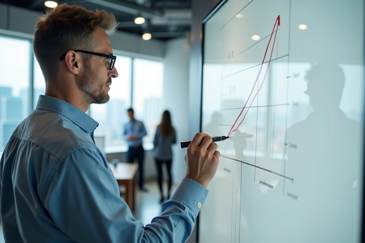 Homme dessinant une courbe de recherche sur un tableau blanc