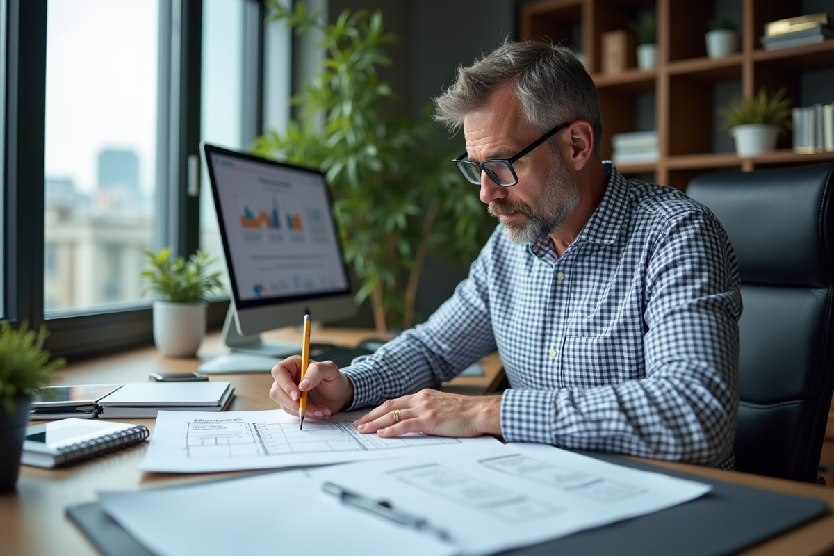 Homme en train de dessiner une maquette de site sur du papier