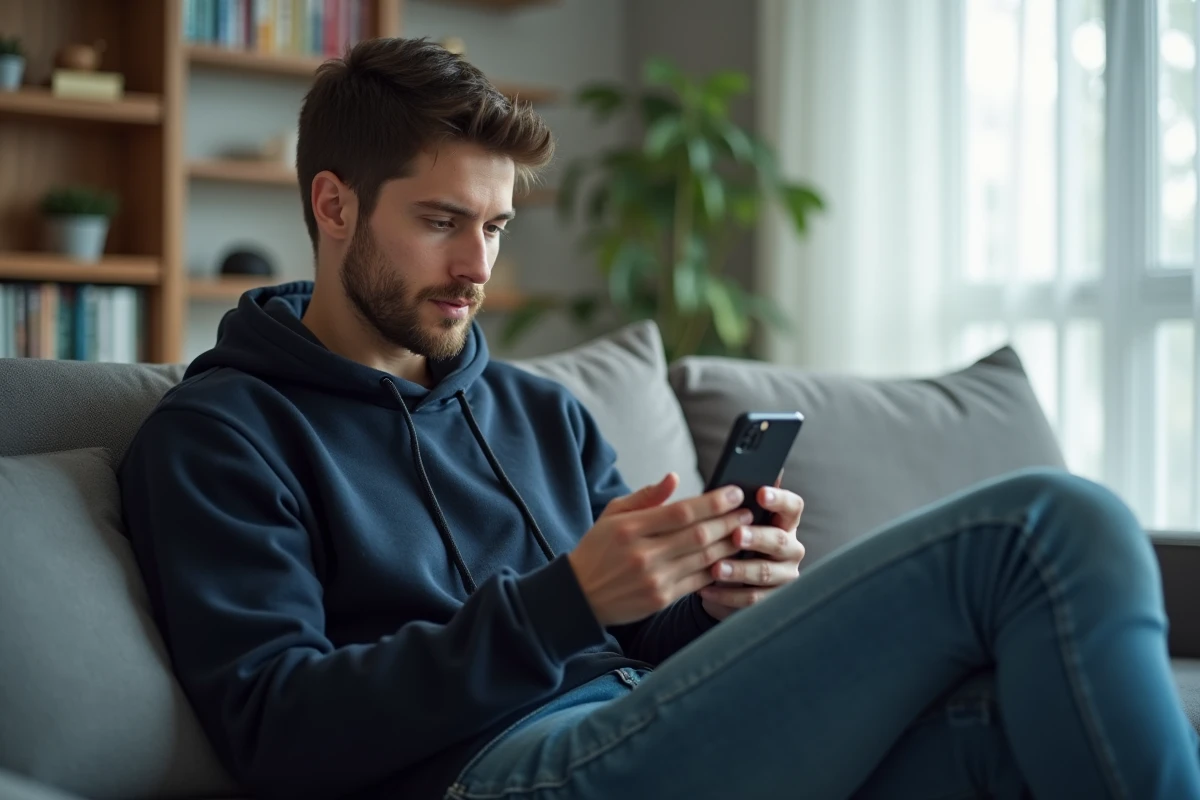 Homme consultant un compte Instagram privé sur smartphone depuis son salon, navigation anonyme sur les réseaux sociaux