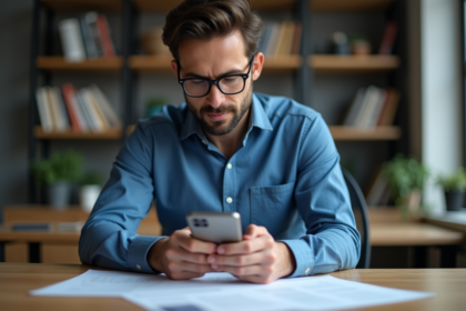 Homme concentré utilisant son smartphone dans un bureau moderne